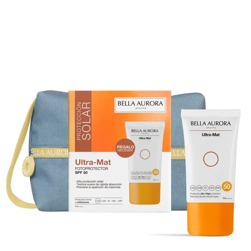 Bella Aurora Ultra-Mat Sunscreen Ultra-Mat Spf50 + Jean Toiletry Bag Gift Set, 50 ml