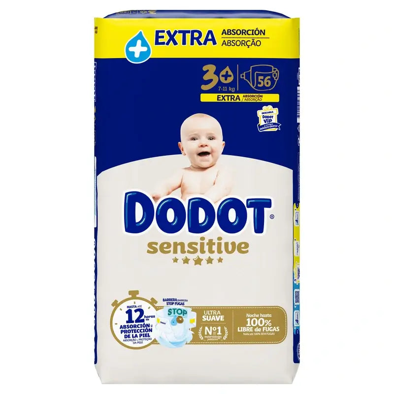 Dodot Sensitive Nappy Extra Jumbo Size 3+, 56 pieces