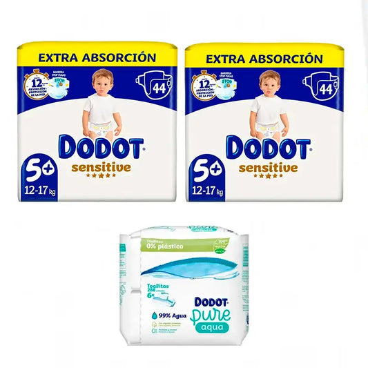 Dodot Sensitive Size 5, 2 x 44 Nappies + Pure Aqua Baby Wipes 288 pcs.