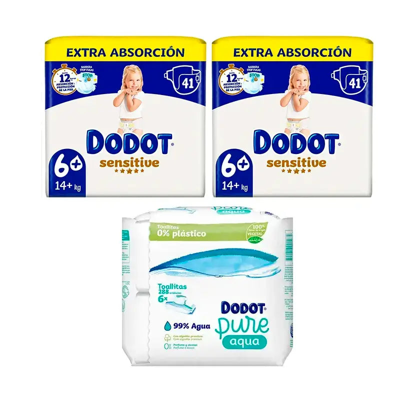 Dodot Sensitive Size 6 Extra-Jumbo, Pack 2 x 41 Nappies + Pure Aqua Baby Wipes, 288 Pcs.
