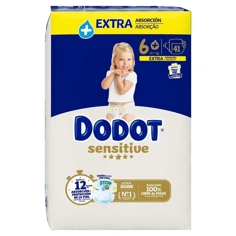 Dodot Sensitive Size 6 Extra-Jumbo, Pack 2 x 41 Nappies + Pure Aqua Baby Wipes, 288 Pcs.