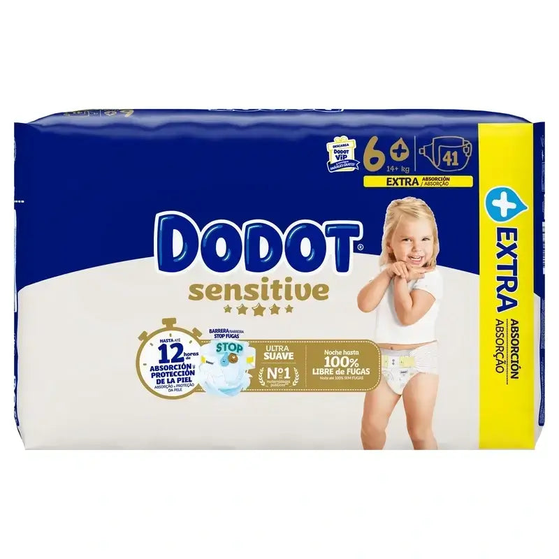 Dodot Sensitive Size 6 Extra-Jumbo, Pack 2 x 41 Nappies + Pure Aqua Baby Wipes, 288 Pcs.