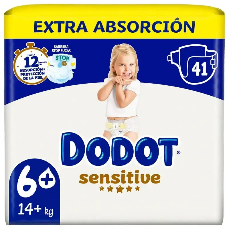 Dodot Sensitive Size 6 Extra-Jumbo, Pack 2 x 41 Nappies + Pure Aqua Baby Wipes, 288 Pcs.