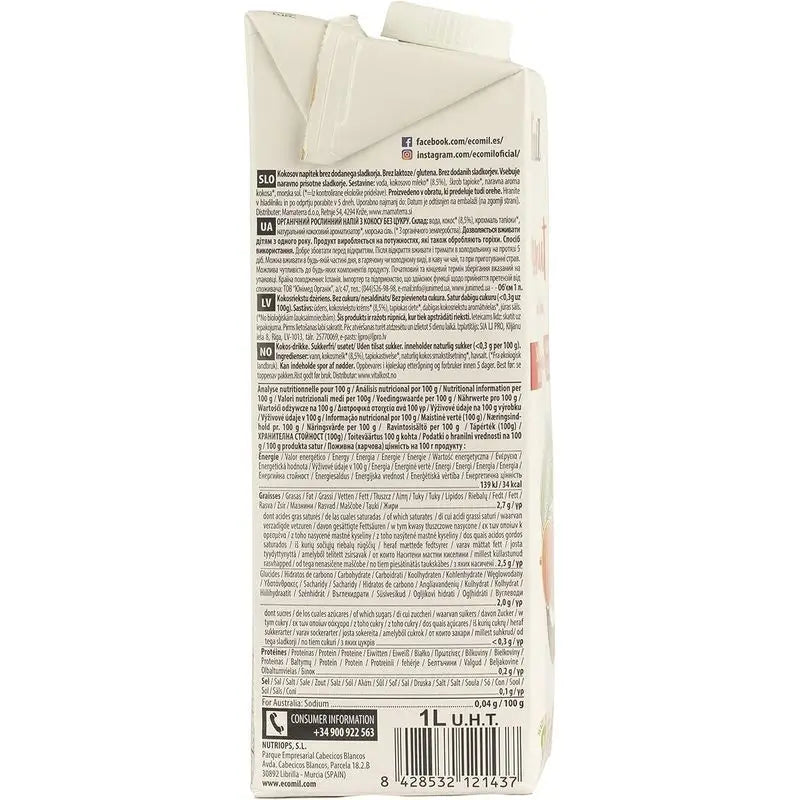 Ecomil Coconut Nature Bio, Pack 1 L x 6 Units