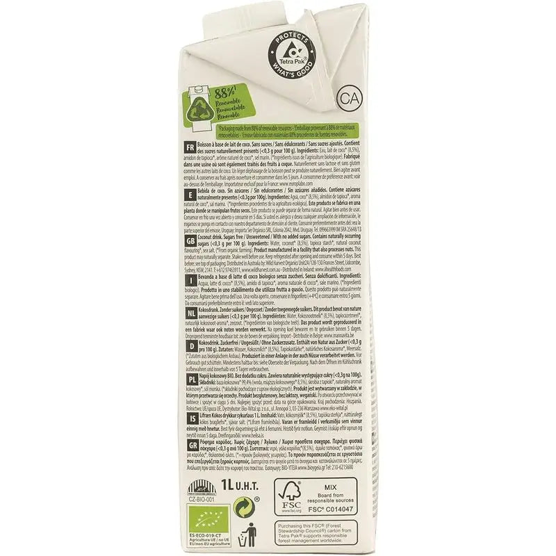 Ecomil Coconut Nature Bio, Pack 1Litre x 8 Units