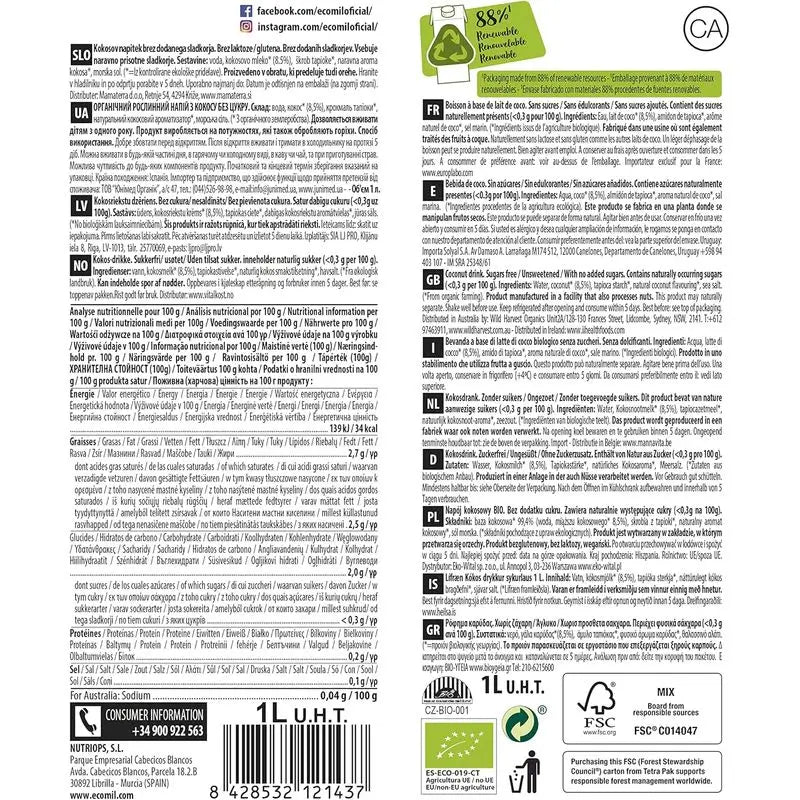 Ecomil Coconut Nature Bio, Pack 1Litre x 8 Units