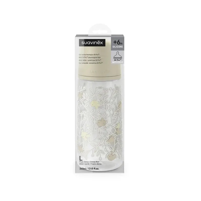 Suavinex Feeding Bottle Teat Sx Pro Dense Flow (L) +6 Months Birdies Beige, 360 ml
