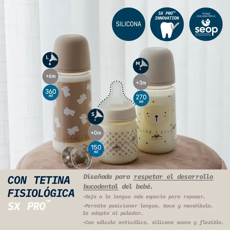 Suavinex Baby Bottle Teat Sx Pro Medium Flow (M) +3 Months Wild&Free Beige, 270 ml