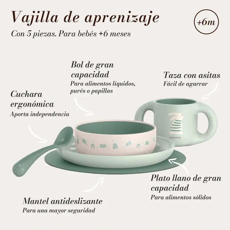 Suavinex Baby Tableware +6 Months, White Green